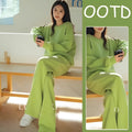 Women's solid colour casual sweater pants set with round neck and flight sleeves in green