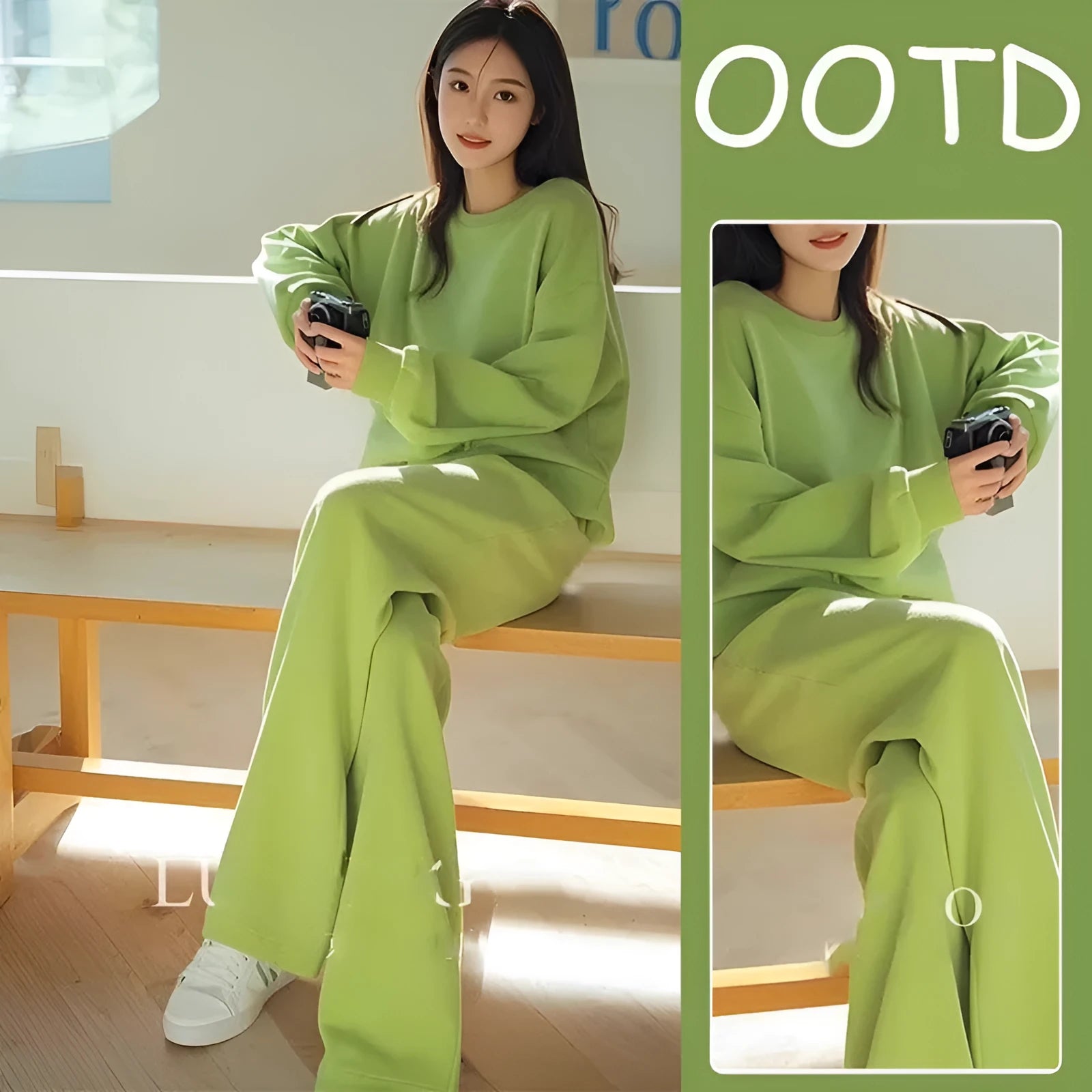 Women's solid colour casual sweater pants set with round neck and flight sleeves in green