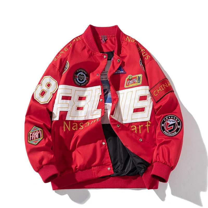 Men's thick motorcycle jacket racing suit with embroidered baseball design in black, blue, and red colours