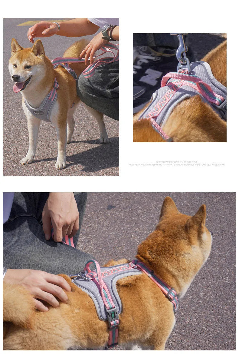 Nylon dog chest strap vest style harness in pink marble colour for small to large dogs