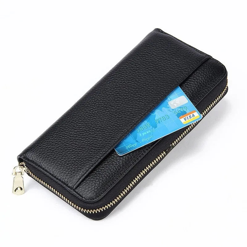 Genuine leather long women's wallet in solid colour with anti-theft card function