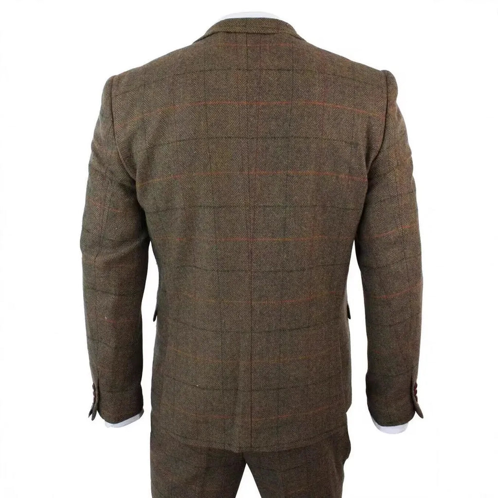 Brown plaid three-piece suit set with slim fit cotton blend coat, vest and pants, sizes XS to 6XL