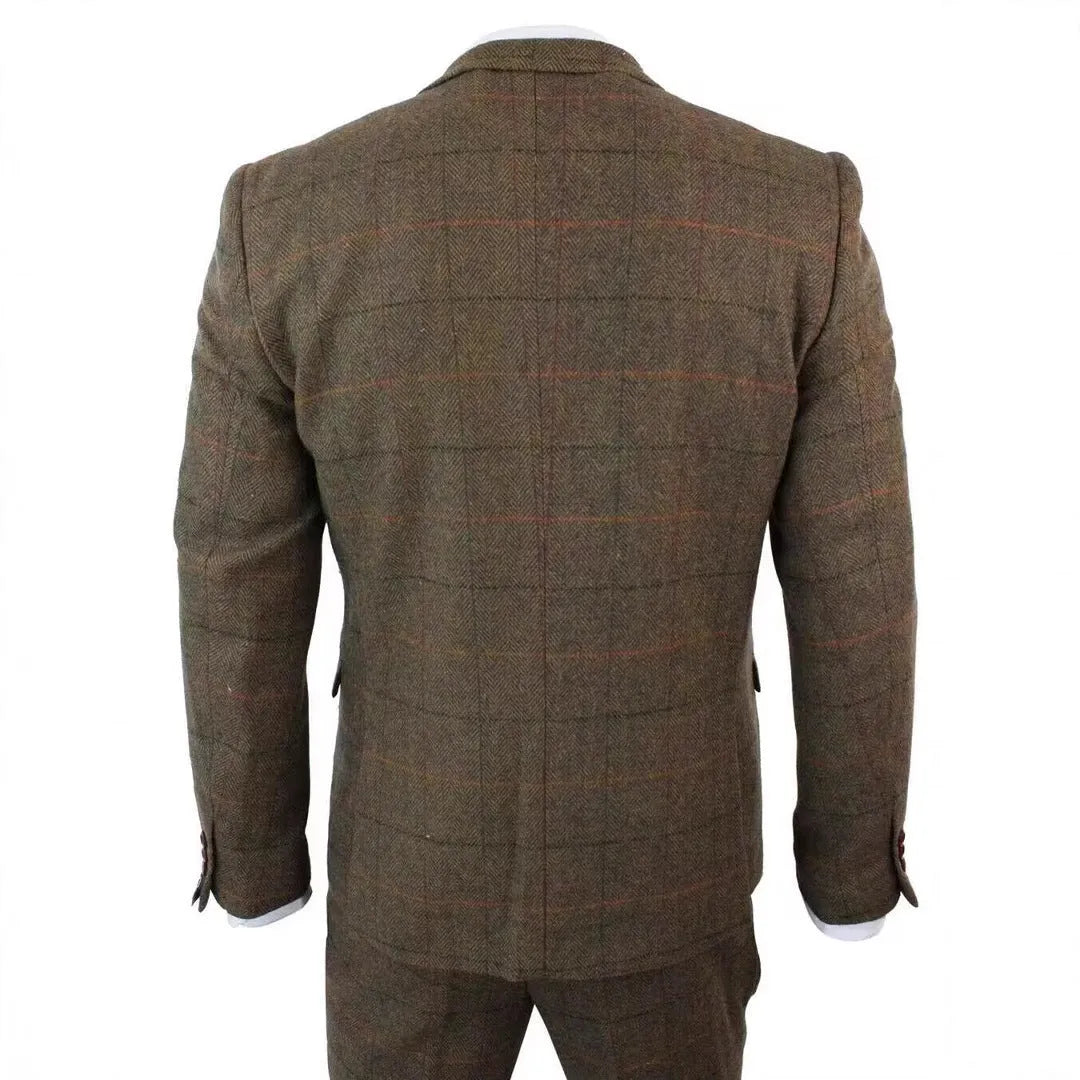 Brown plaid three-piece suit set with slim fit cotton blend coat, vest and pants, sizes XS to 6XL