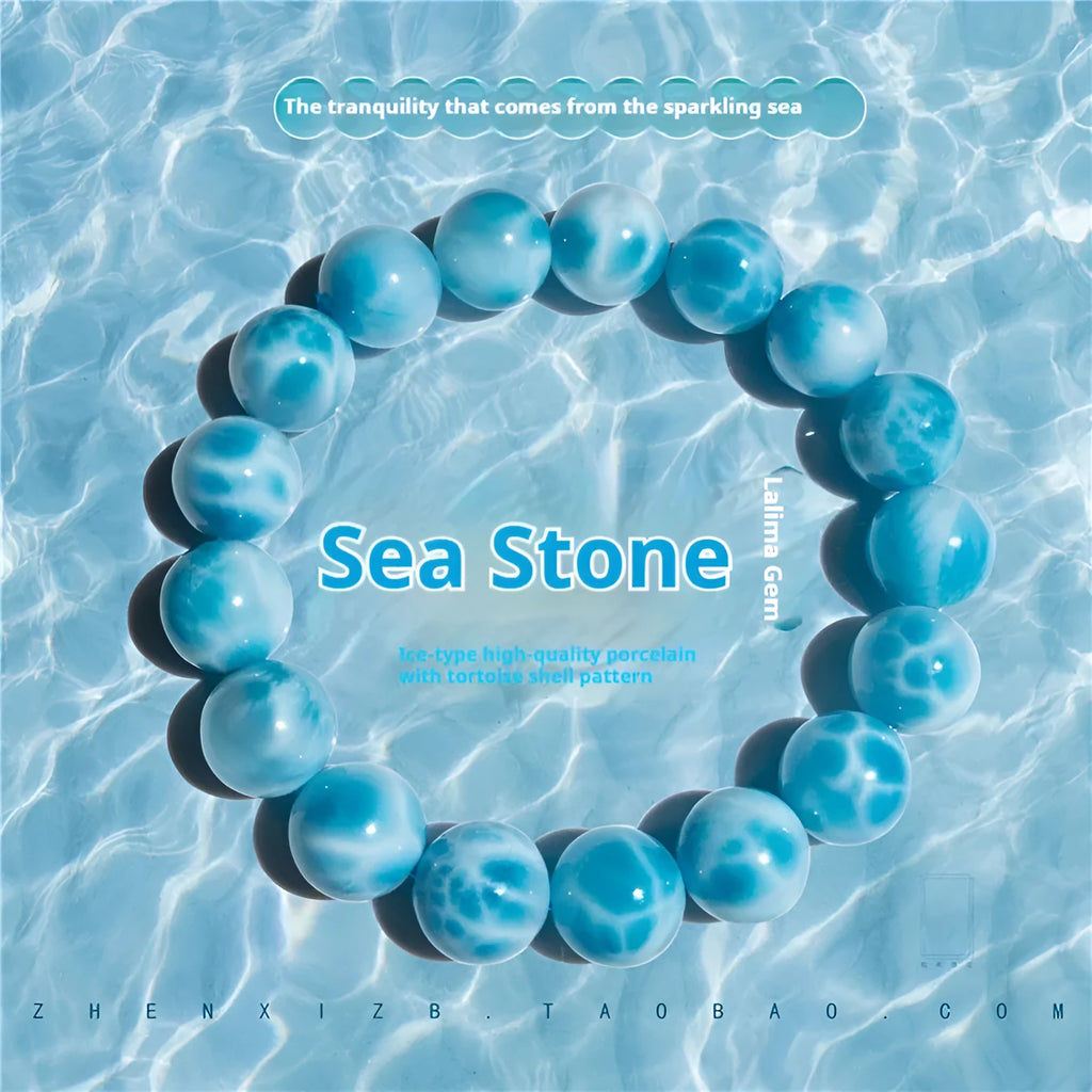 Blue bodhi bracelet with natural sea-pattern crystal stones and pearl accents in Maillard style