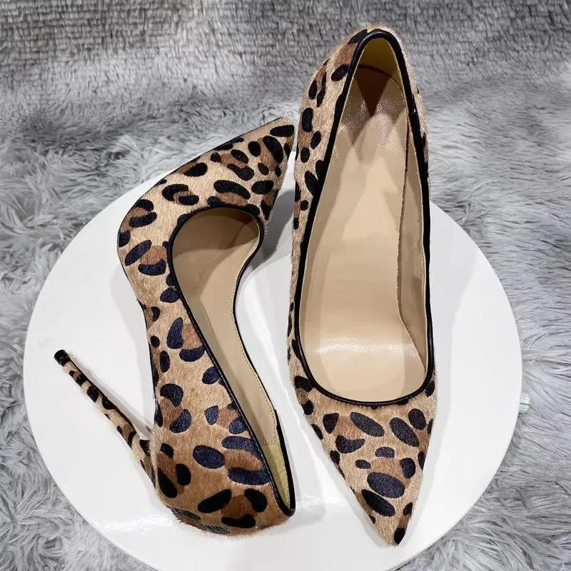 Suede leopard print high heels for women with rhinestone toe, pointed stiletto, rubber sole