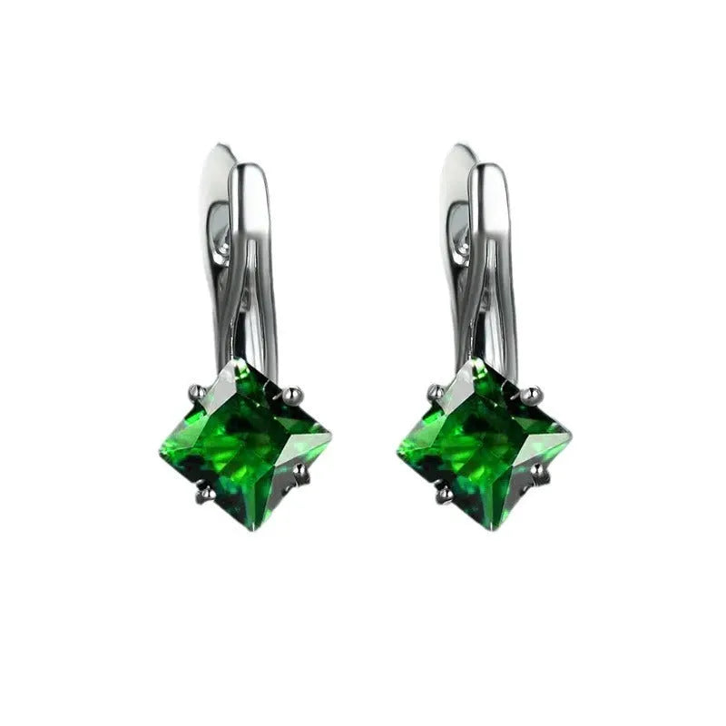 Copper diamond design earrings with inlaid zircon stones in blue, green, and colour options.