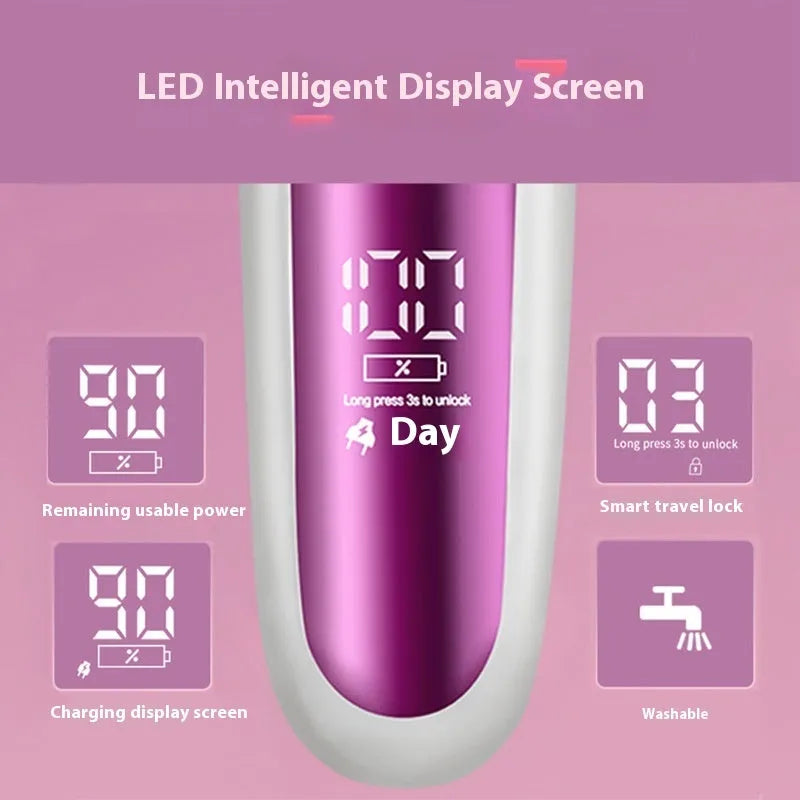 Pink three-in-one ladies electric depilator and lady shaver with USB charging, ABS body, and foot grinder attachment