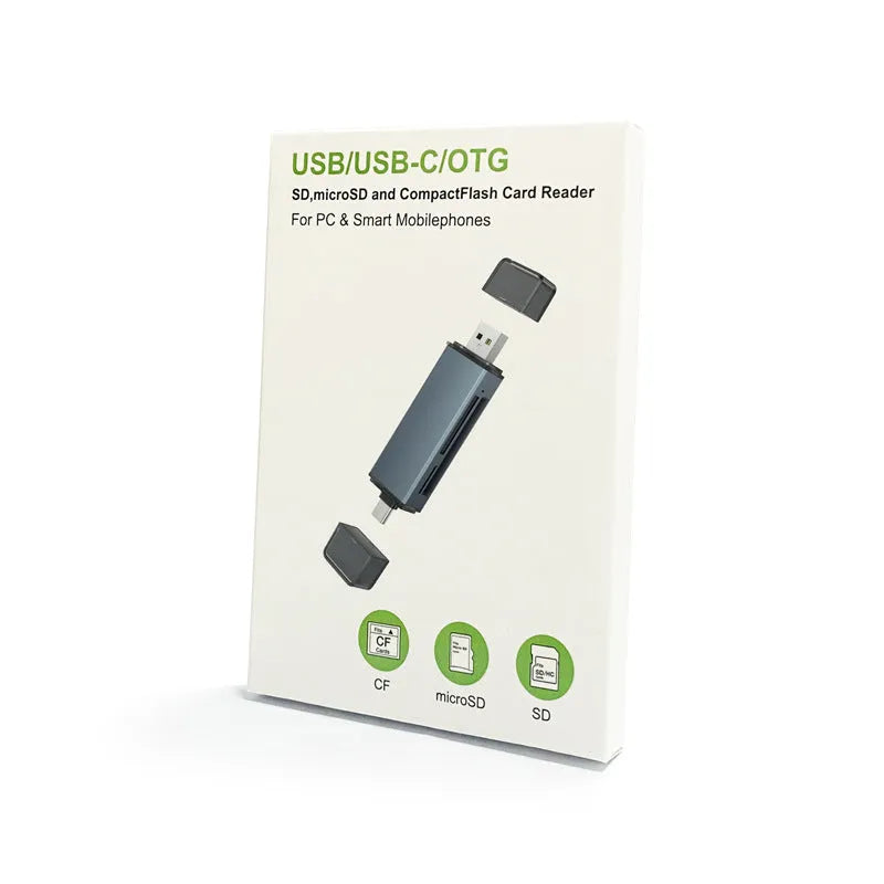 CF SD TF three-in-one card reader with aluminium alloy casing showing card slots and USB connector