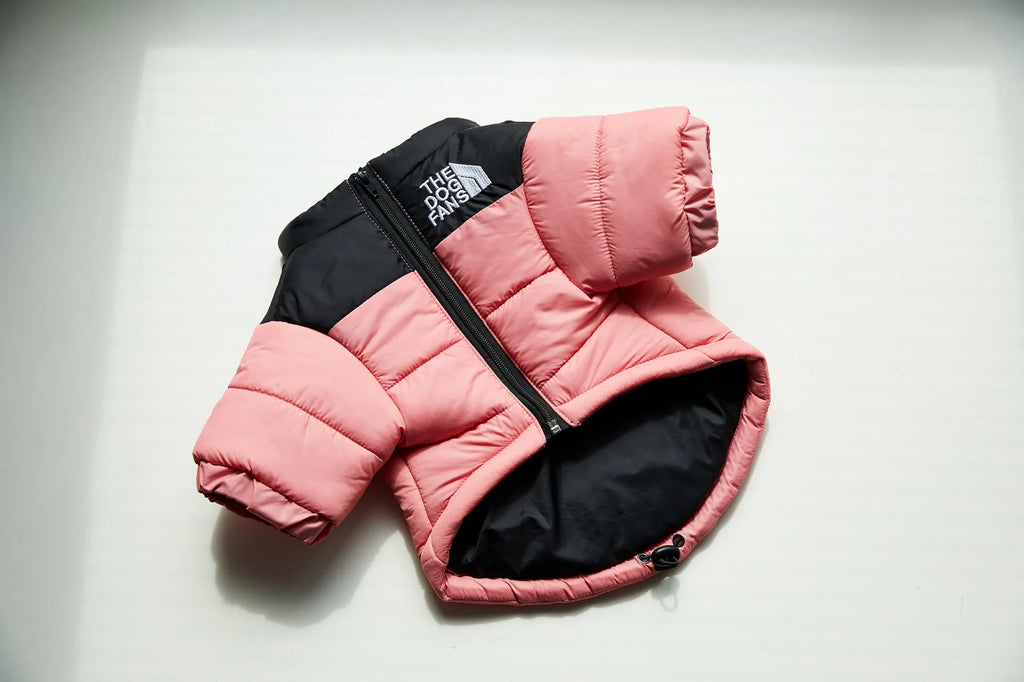 Windproof and rainproof polyester dog winter coat in dark green, available in multiple sizes