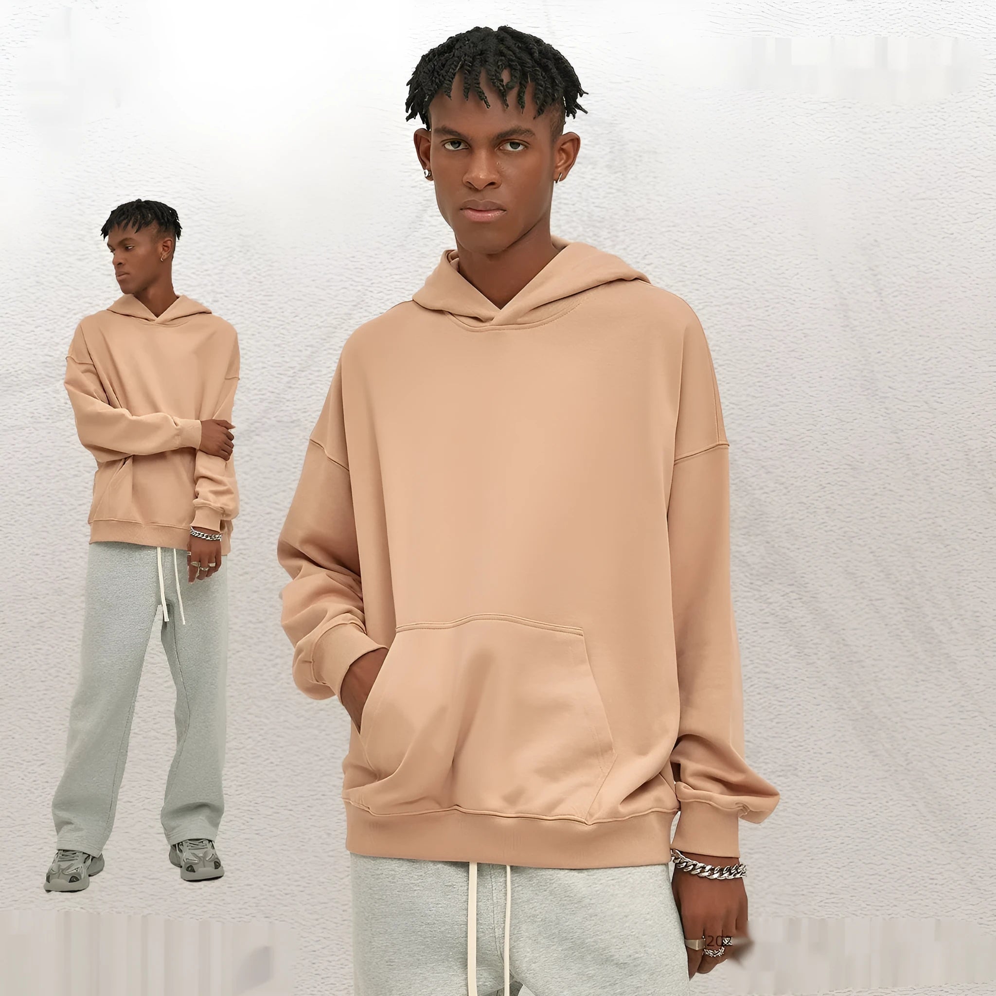 Cotton fleece-lined hooded sweater for men and women in army green with hood and long sleeves