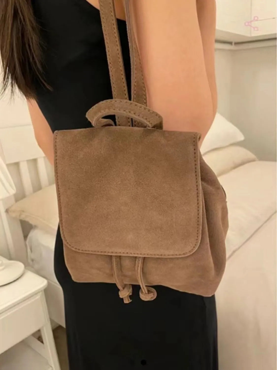 Retro suede girls backpack in brown or pink with polyester outer and suede leather lining