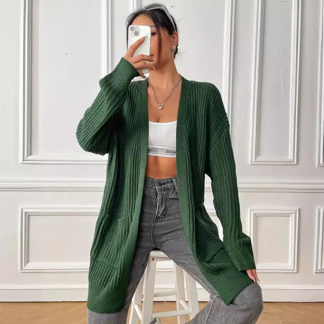 Women's double pocket acrylic cardigan in dark green colour with loose fit design