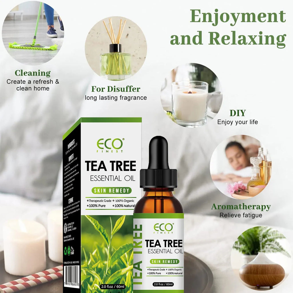 60ml glass bottle of tea tree essential oil with dropper for skincare and massage use