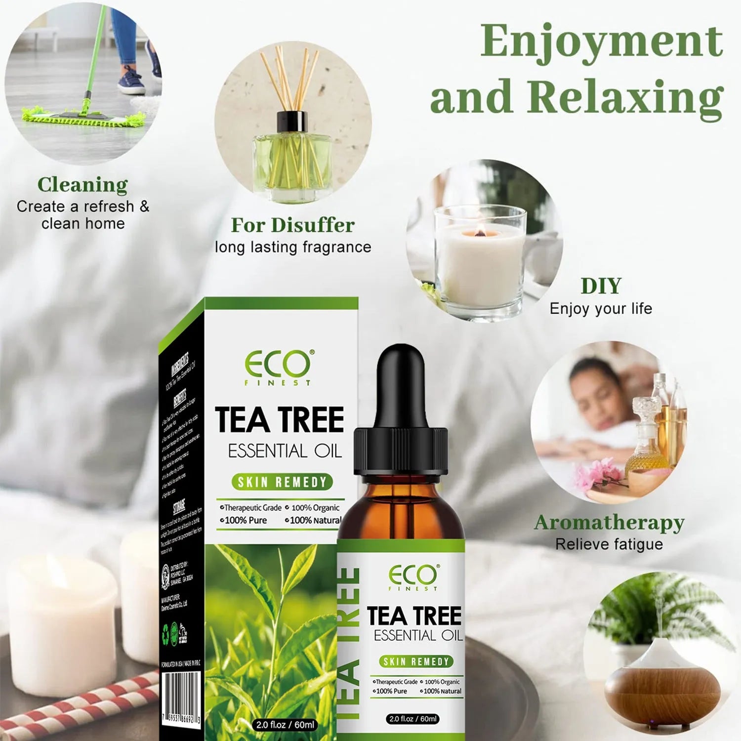 60ml glass bottle of tea tree essential oil with dropper for skincare and massage use