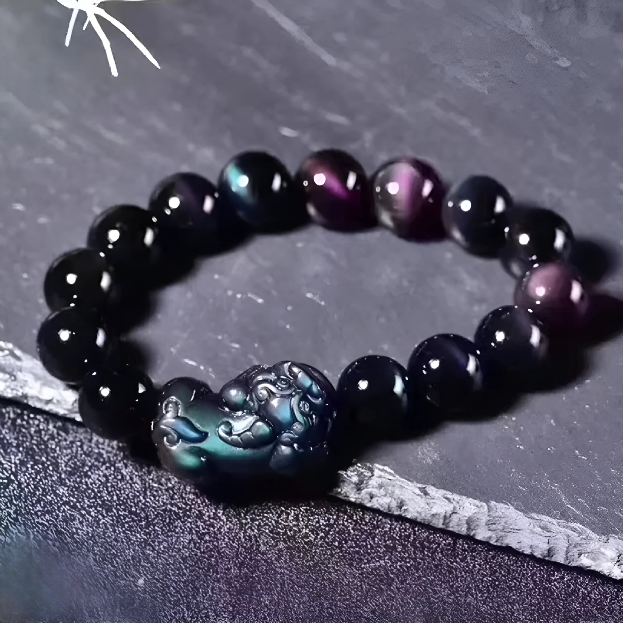 Natural ice colour eye obsidian bracelet showing crystal beads in five available sizes