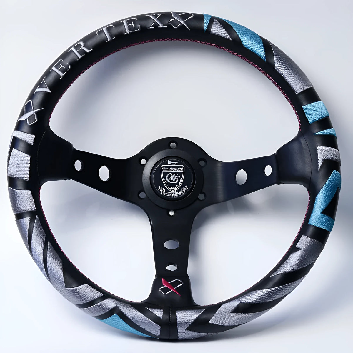 Black deep concave alloy racing steering wheel showing 330mm diameter and Vertex design options.