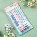 Pack of six plastic neutral pens with 0.5mm stainless steel nib in various colours including blue, green, pink, and matcha party style