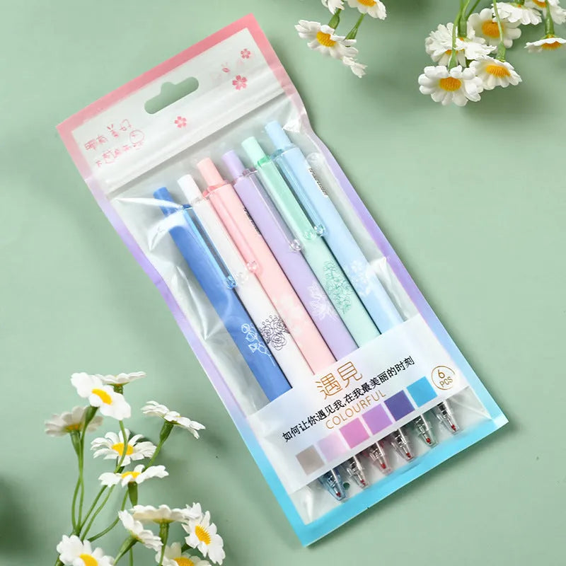 Pack of six plastic neutral pens with 0.5mm stainless steel nib in various colours including blue, green, pink, and matcha party style