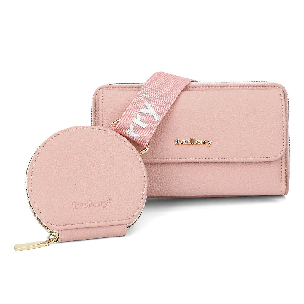 2pcs lychee texture PU crossbody phone bag and coin purse set, 19cm square bag with letter print, zip fastening and front pocket
