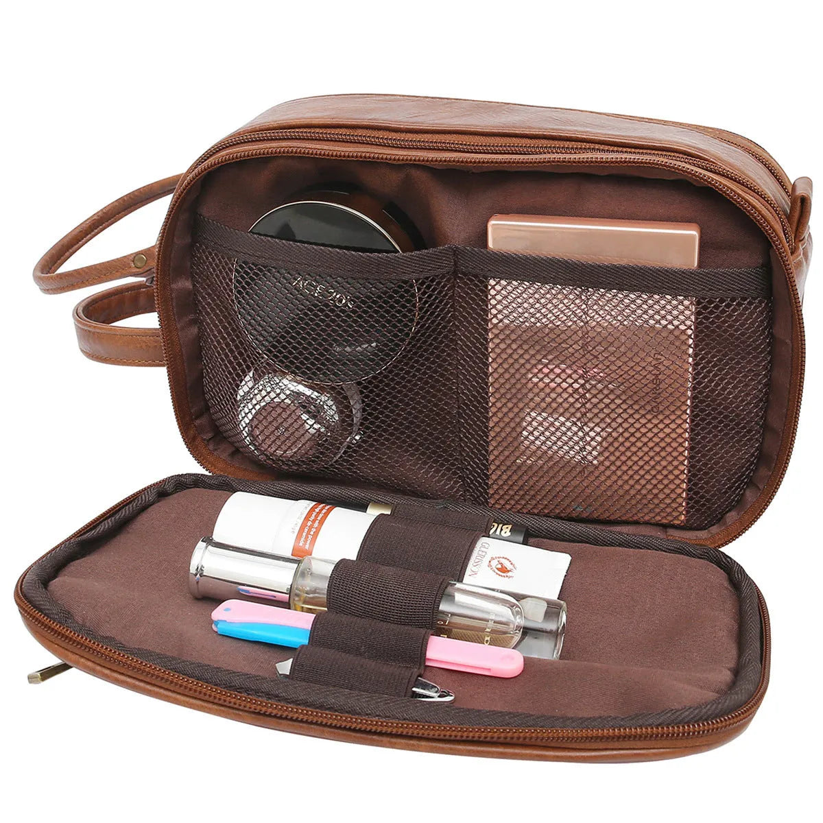 Men's solid-colour PU toiletry bag for travel storage of cosmetics and grooming essentials.