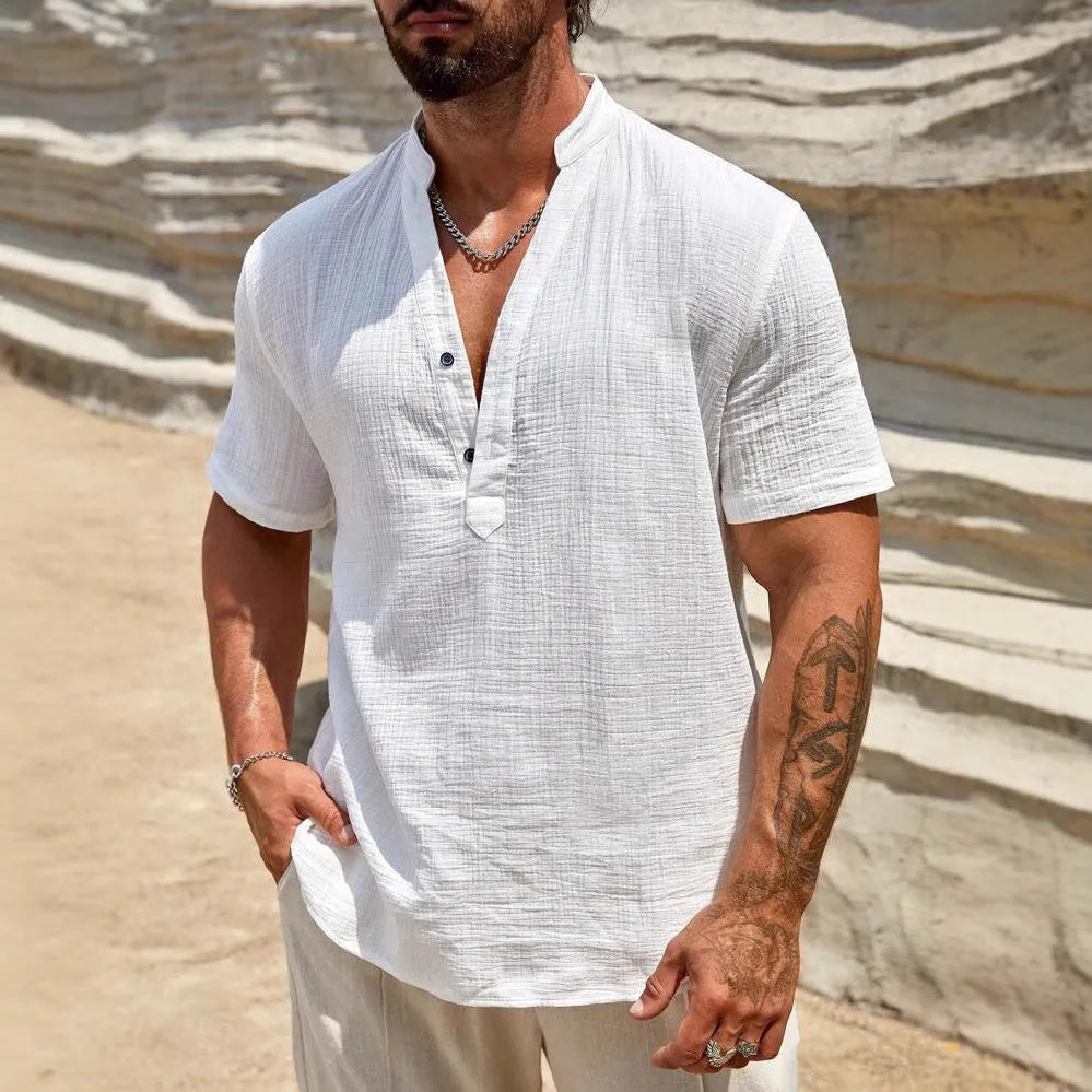 Men's solid colour stand collar short-sleeved casual shirt on a hanger