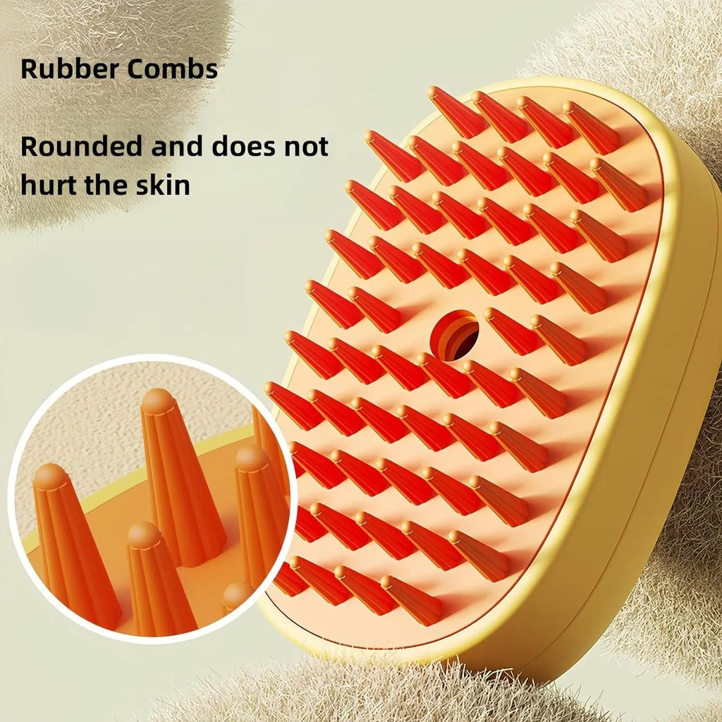 White rechargeable steam pet grooming brush with soft silicone teeth for cats and dogs.