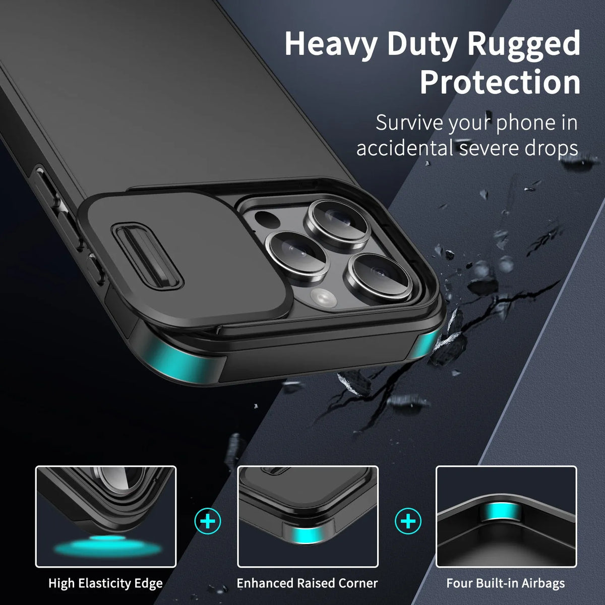 Frosted TPU PC sliding window phone case in black for iPhone 14 Pro Max with shockproof drop protection