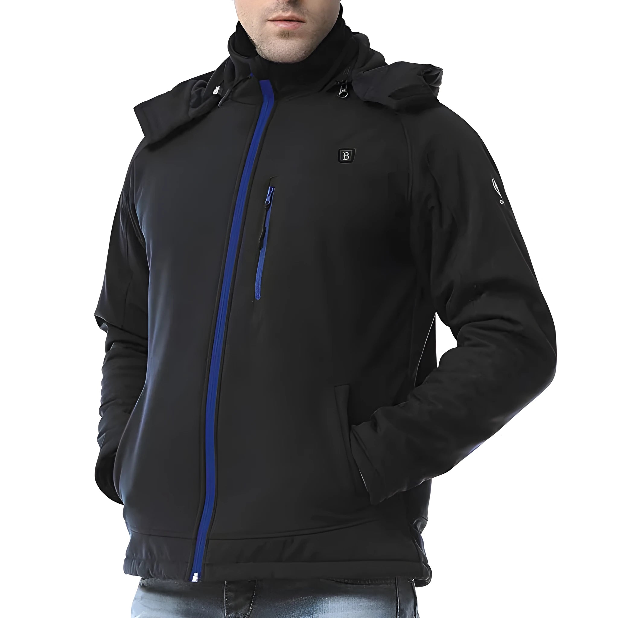 Black USB heating winter coat for men with zipper pockets and long sleeves
