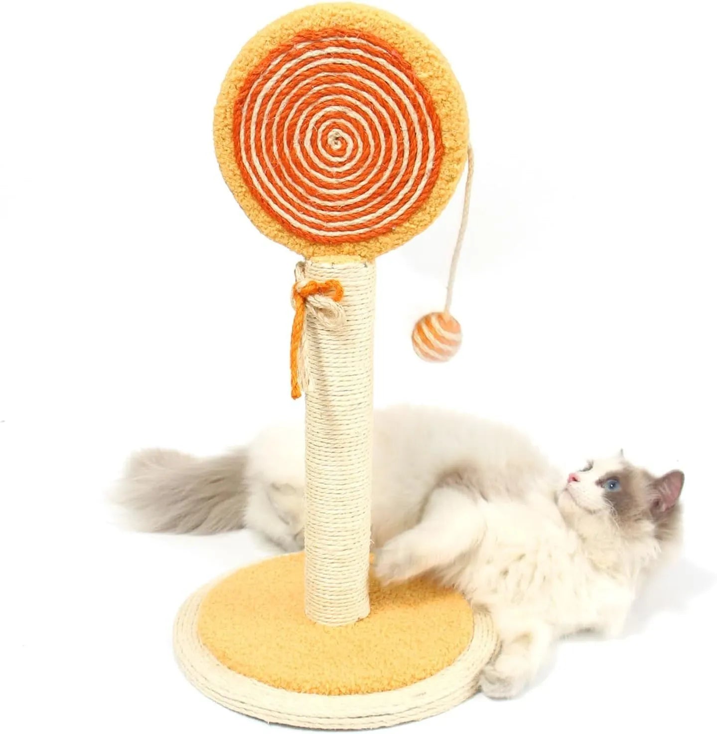 Blue cat scratching post with sisal rope and hanging ball on wooden base