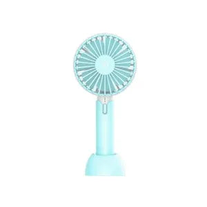 Blue handheld mini USB electric fan with oscillation feature on a desk.