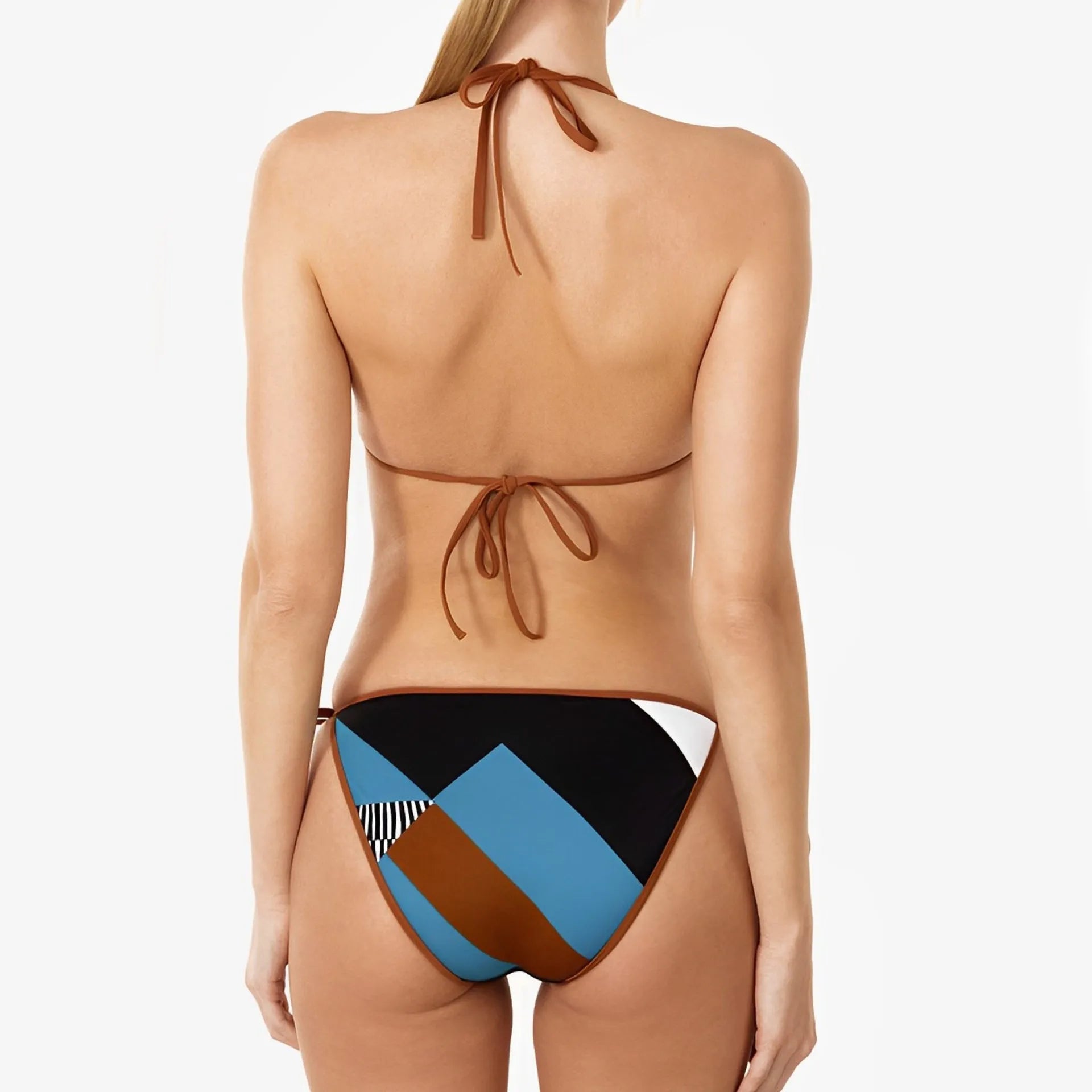 Women's skinny print backless bikini swimsuit set in polyester, showing top and pants.