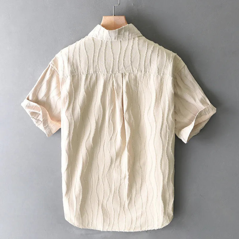 Men's loose-fit cotton summer shirt in apricot colour with Japanese fresh style