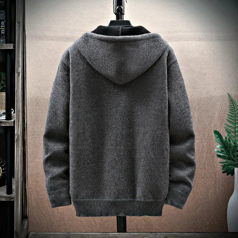 Men's velvet padded hooded cardigan in black, slim fit with polyester padding, cotton blend fabric