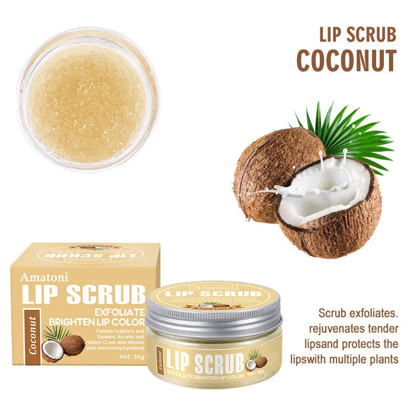 Amatoni Lip Scrub pot in coconut, raspberry, vanilla, or watermelon flavour, 30g.