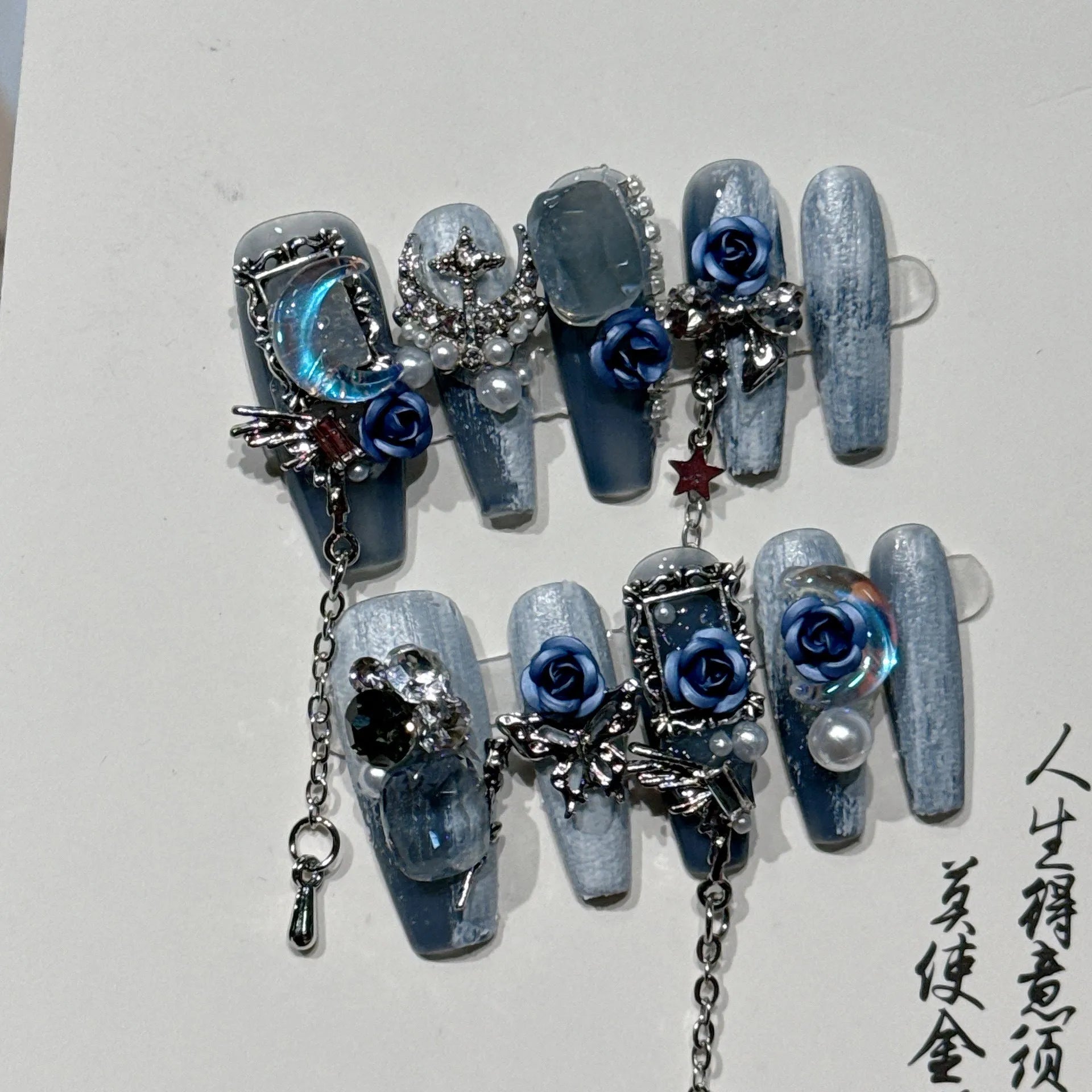 Heavy industry night blue plastic nail armour suit with rose and tulip floral patterns for evening manicure