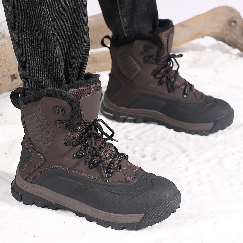 Men's black high-top lace-up boots with fleece lining and flat heel on ribbed sole