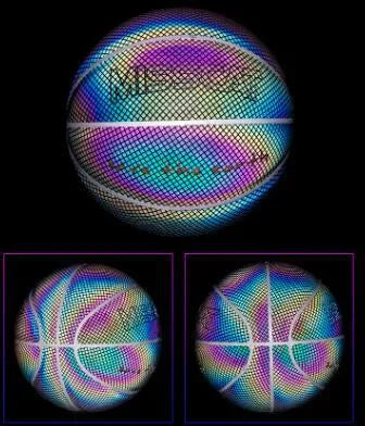 Glowing luminous fluorescent basketball with reflective effect for night games, white and colourful design