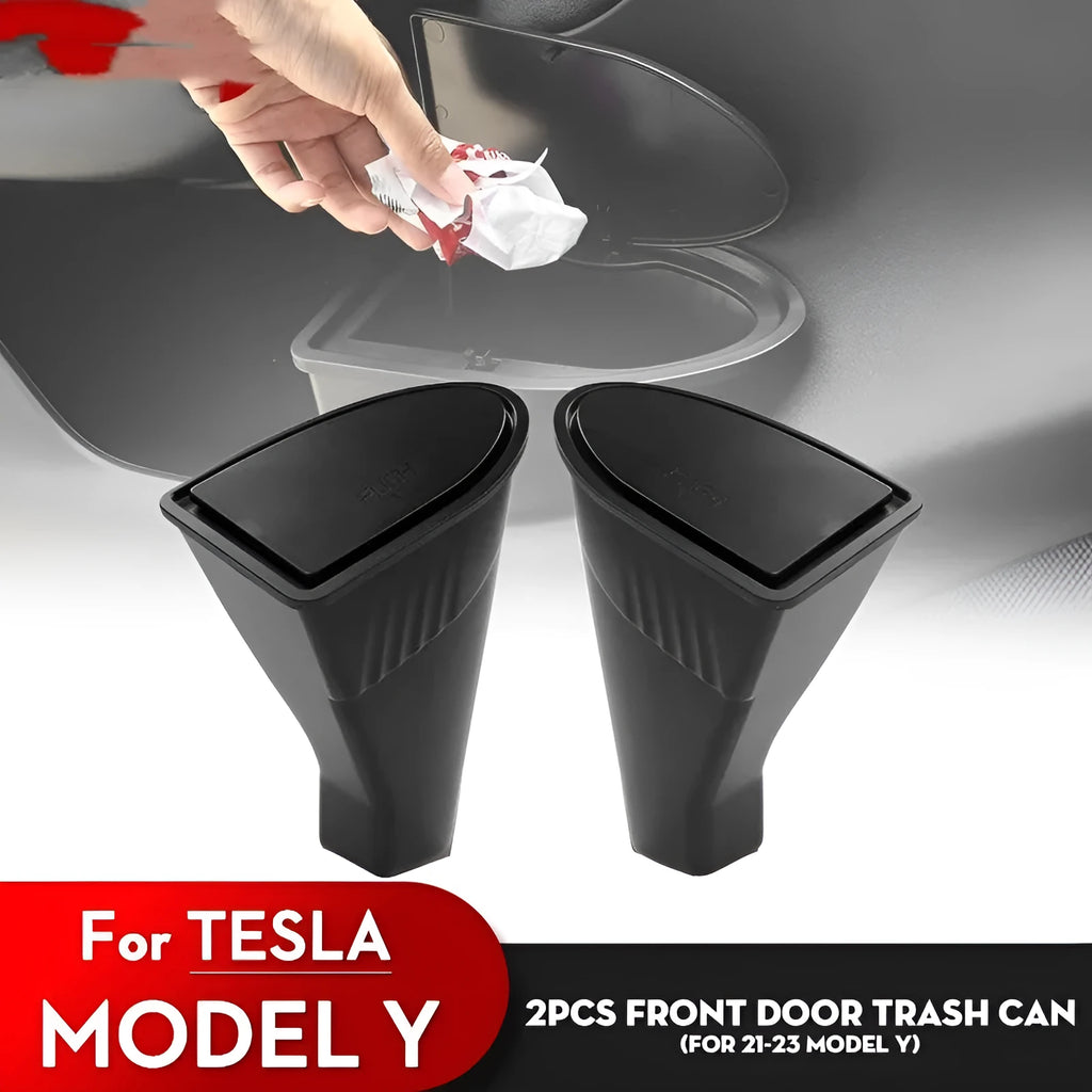Two black ABS plastic car door trash cans designed for Tesla Model Y front door storage.