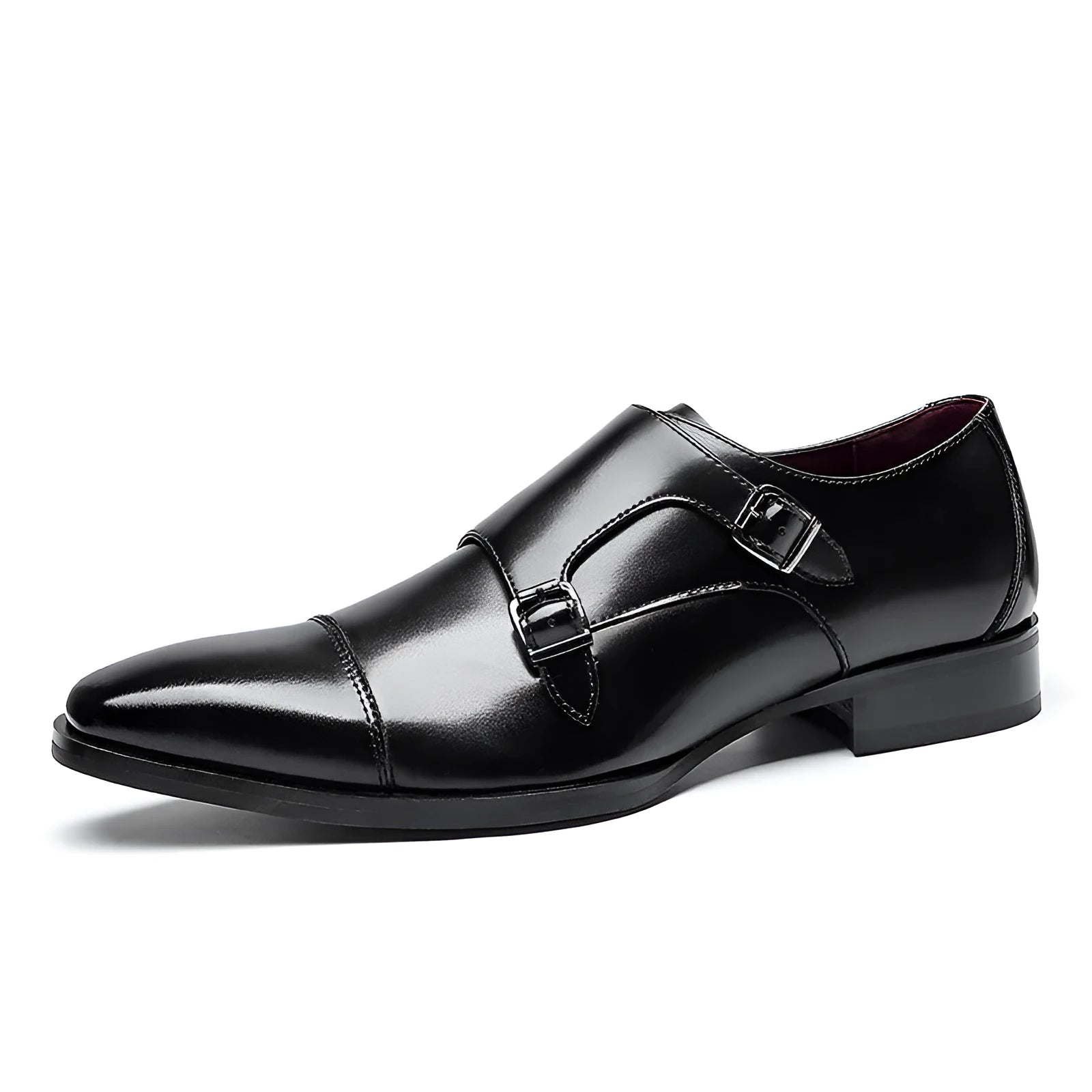 Men's black and light brown leather business shoes with square toe design and rubber sole