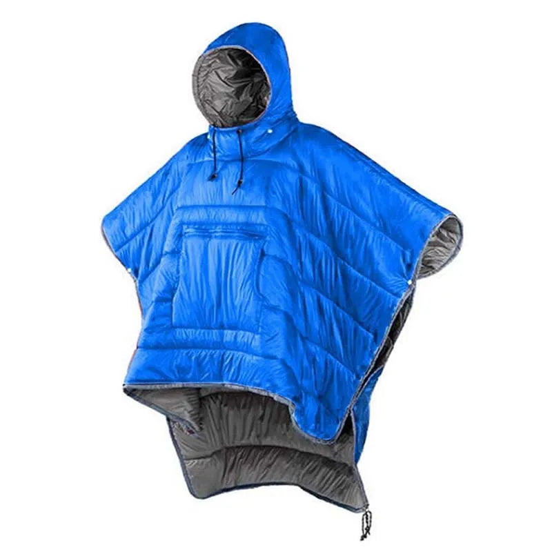 Adult-sized grey outdoor cloak sleeping bag with hood, laid out flat showing its 200cm length.