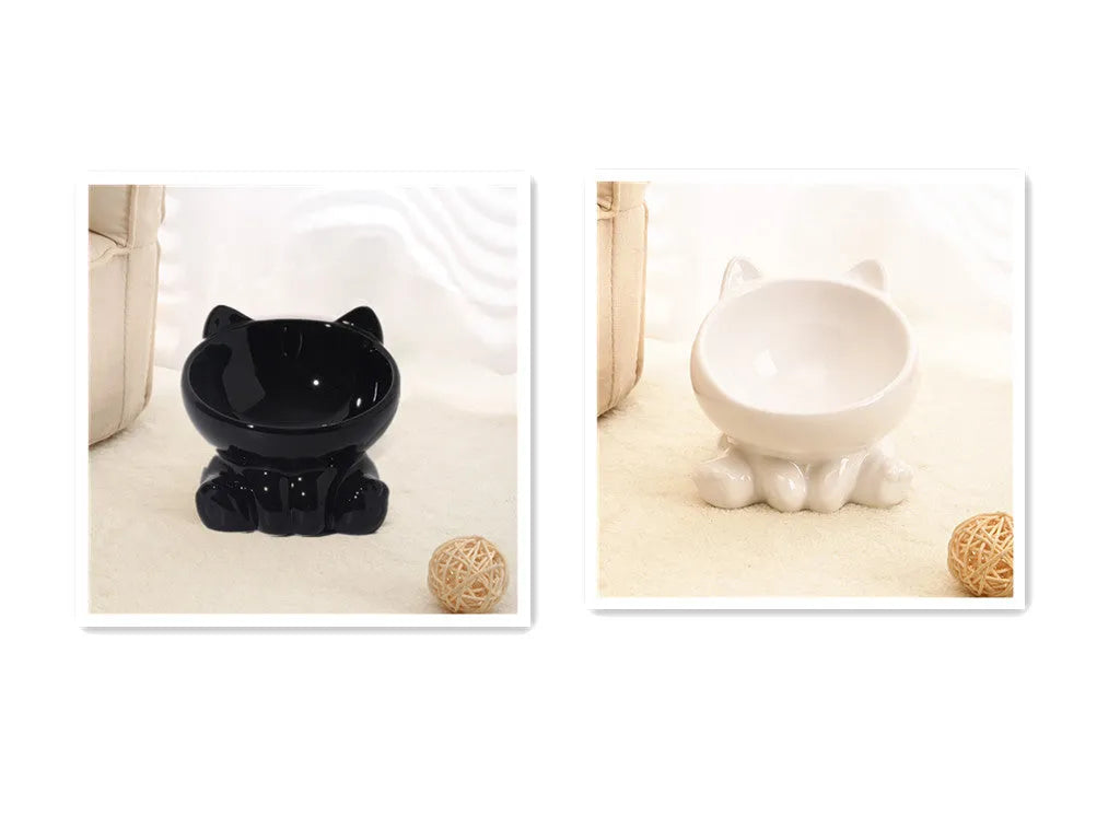Ceramic cat bowl with oblique mouth and neck guard in black and white colour option