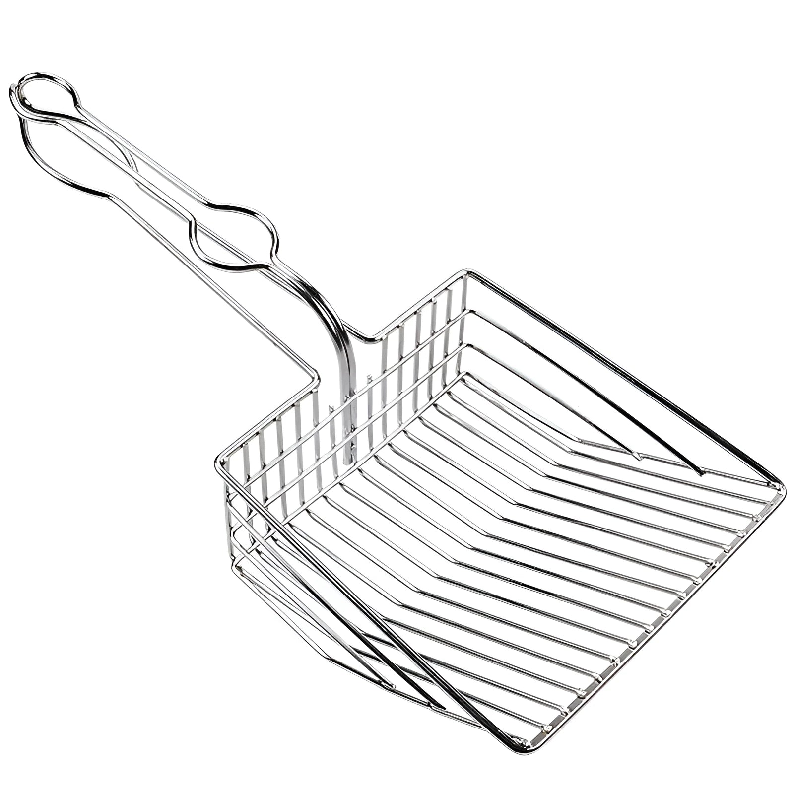Iron cat litter scoop with electroplating, two size options, small and large, on a neutral background