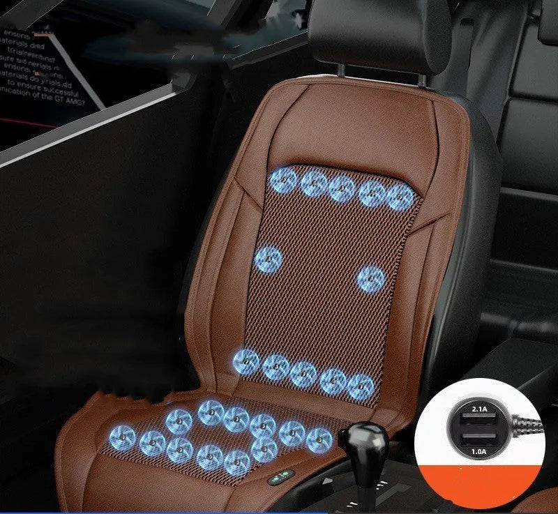 Brown ventilated car seat cushion with multiple cooling fans, connected to a 12V car lighter plug.