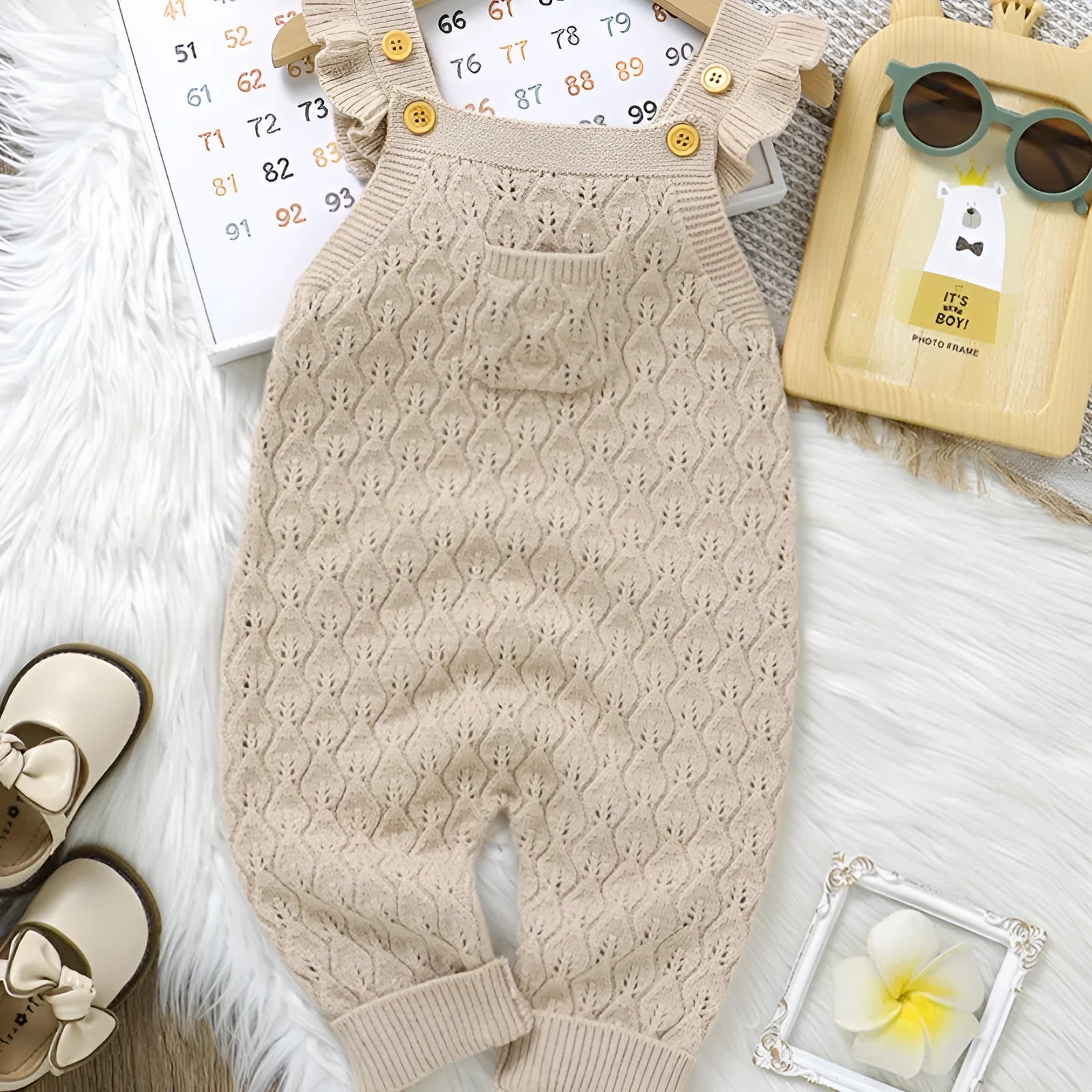 Infant girl solid colour flounced sleeve sling one-piece romper jumpsuit in green knitted polyester fabric