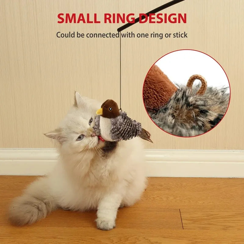 Interactive chirping bird cat toy made of velvet, 5.7x2.8x2.2 inches, with feather and ring for play.