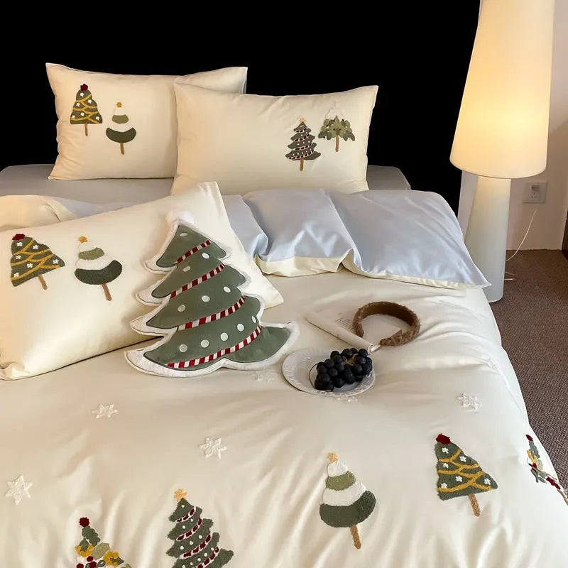 Christmas tree embroidered cotton four-piece bed sheet set with plants pattern in cream blue or green