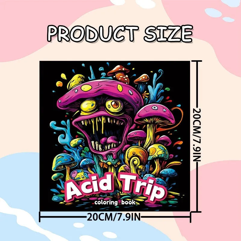 Acid tour coloured painting book, 200mm in length, lying open on a surface.