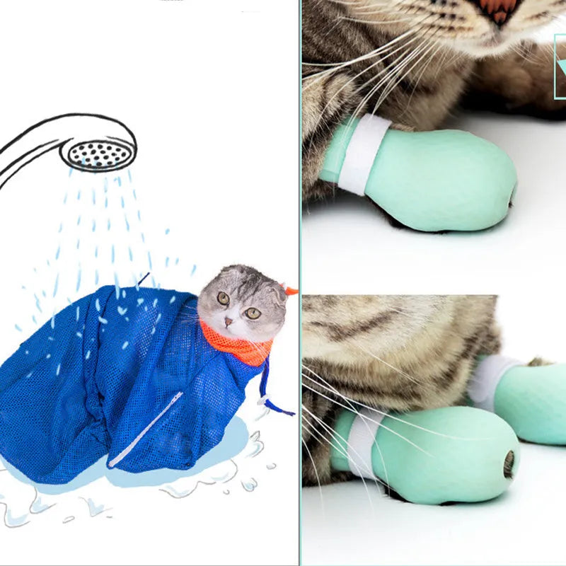 Green silicone cat anti-scratch foot covers with adjustable straps for pet handling