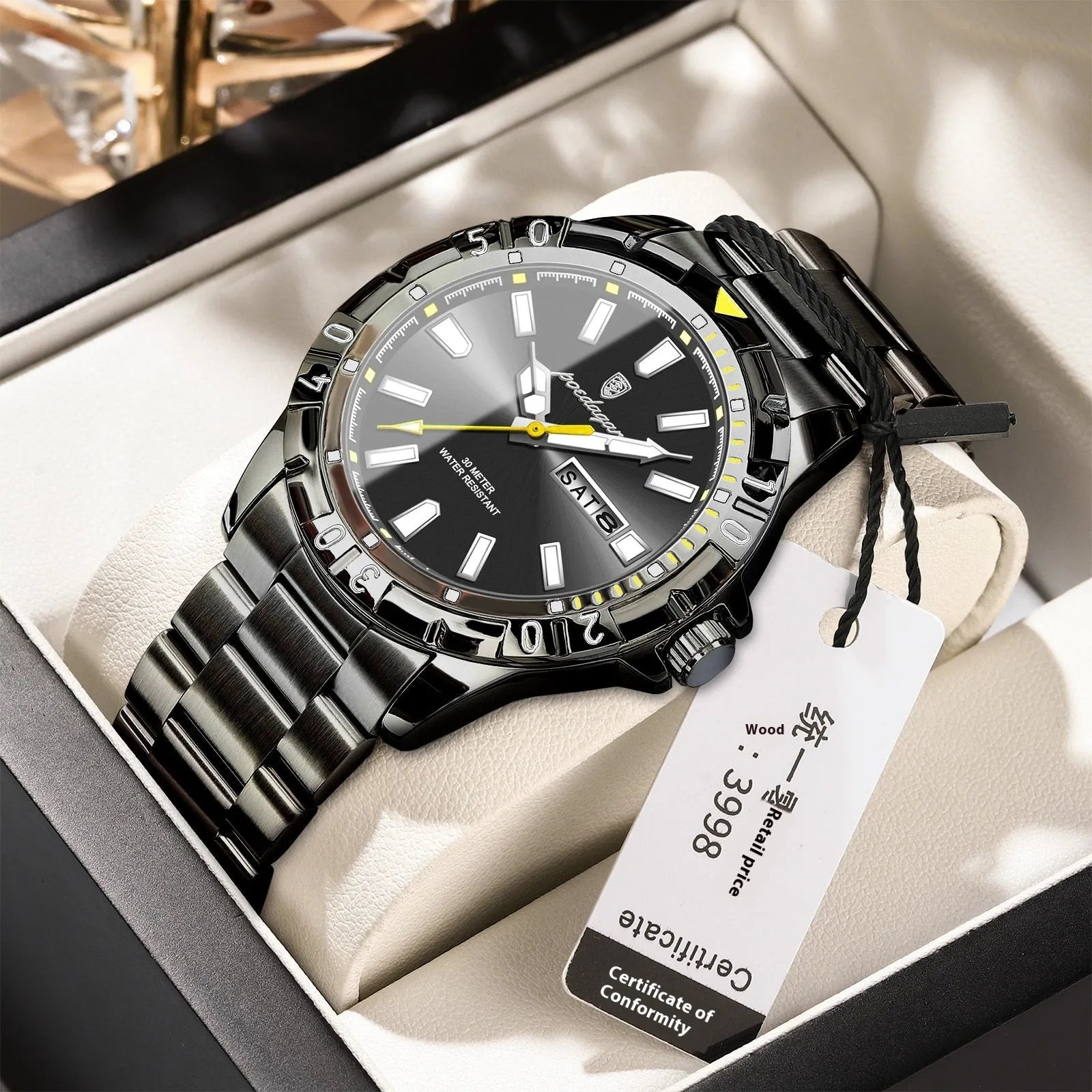Swiss men's waterproof luminous watch with steel bracelet in gold or silver case colours