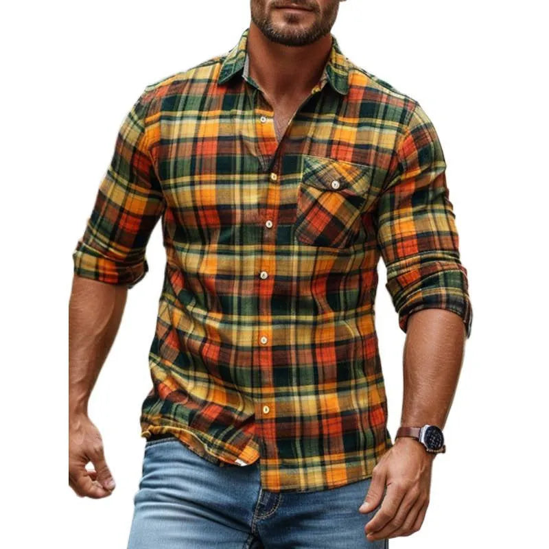 Men's plaid printed fleece-lined pocket shirt in CS085 colour, cardigan style, long sleeves, loose fit